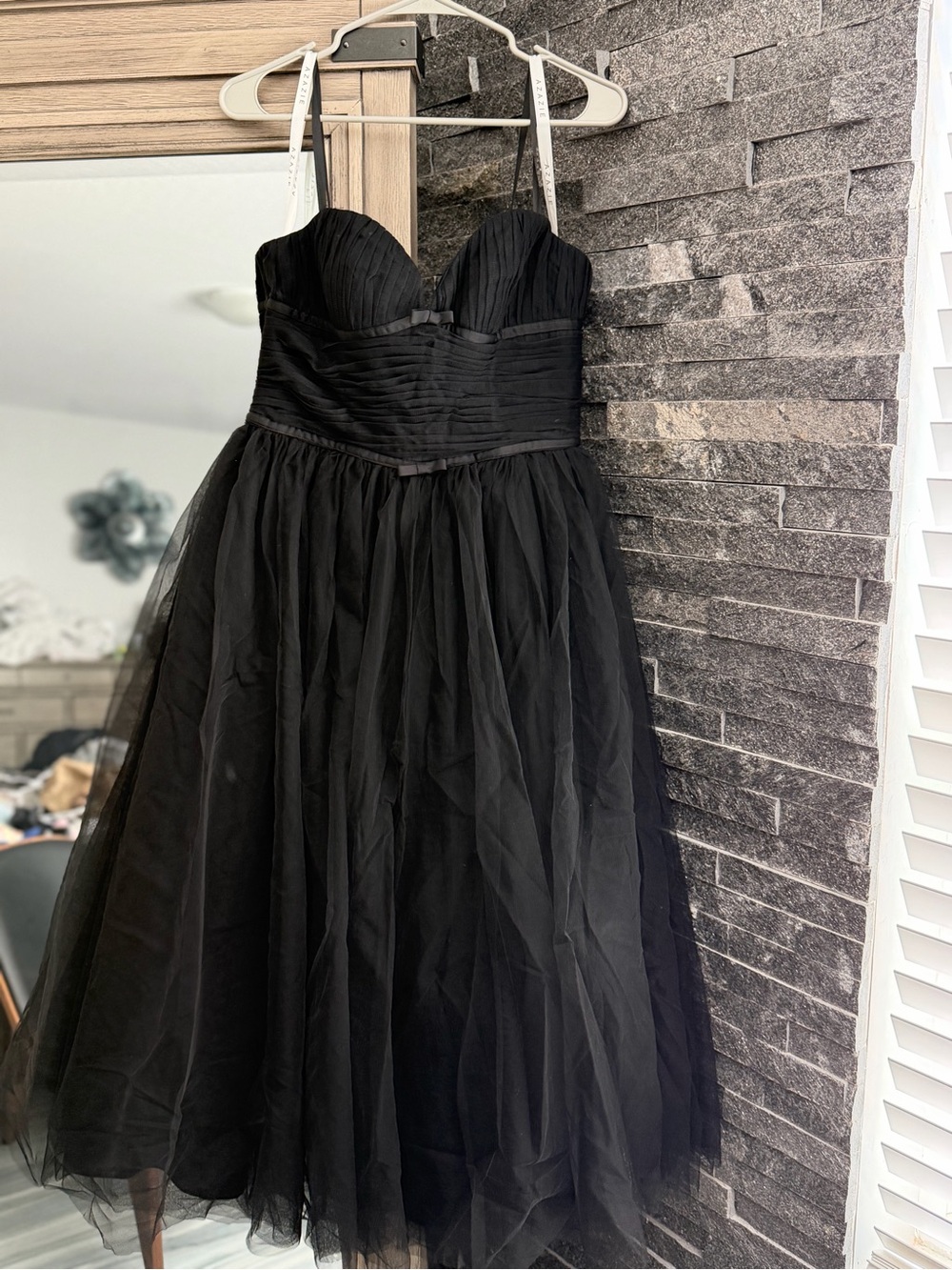 Azazie Black Strapless Tulle Midi Dress